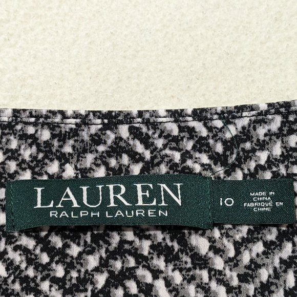 Lauren Ralph Lauren Ruched Dress 10 Black White Gray Wrap V Neckline 3/4 Sleeves - Picture 13 of 14